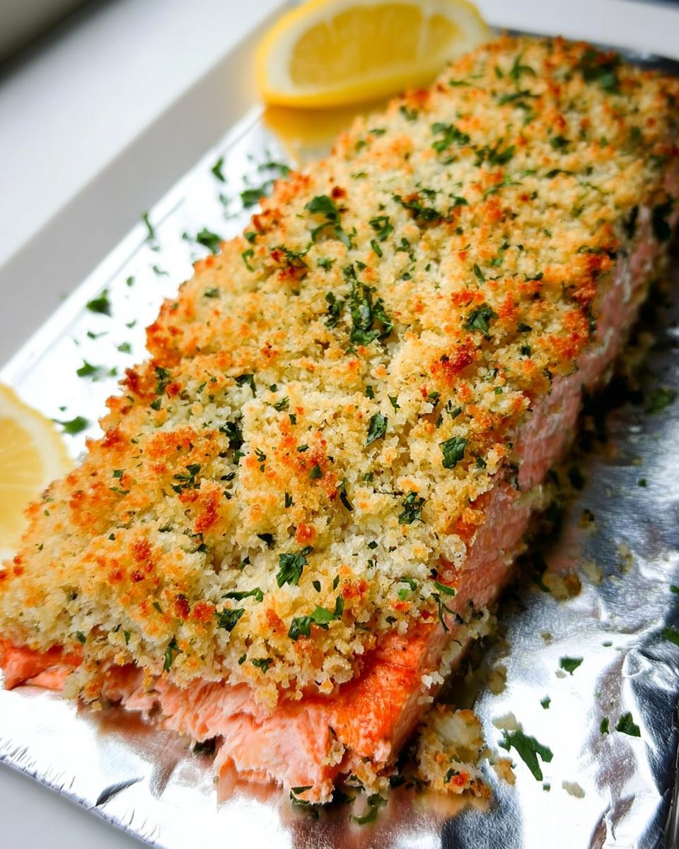 Close-up of a perfectly baked Garlic Herb Panko Crusted Salmon fillet resting on foil with lemon wedges.