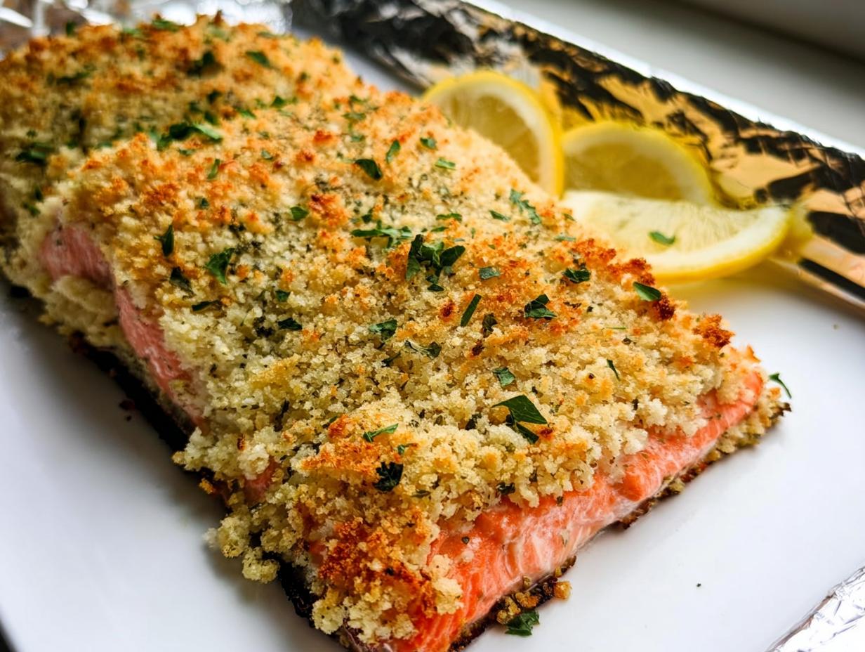Close-up of a perfectly baked Garlic Herb Panko Crusted Salmon fillet with a golden crust and lemon slices.