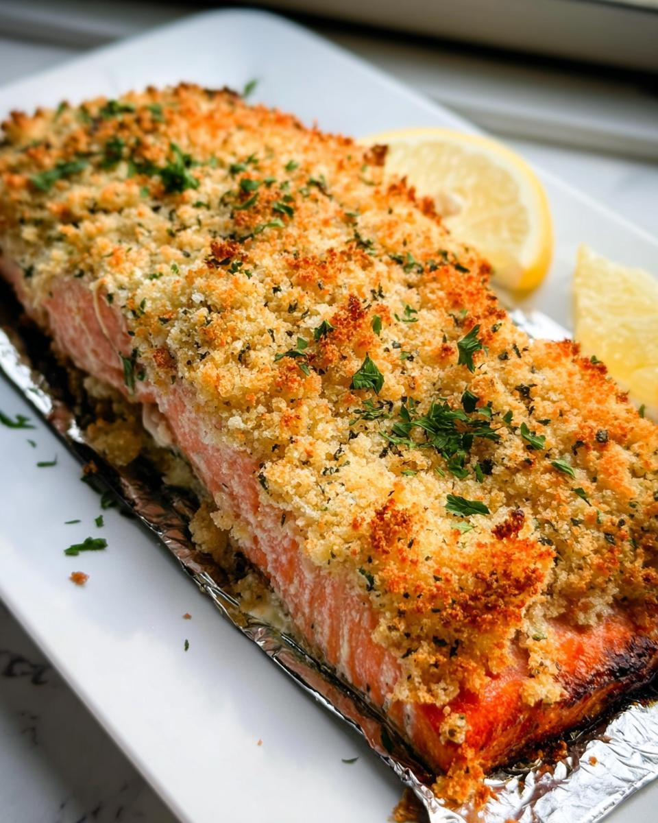 A golden brown, perfectly baked fillet of Garlic Herb Panko Crusted Salmon served with lemon wedges.