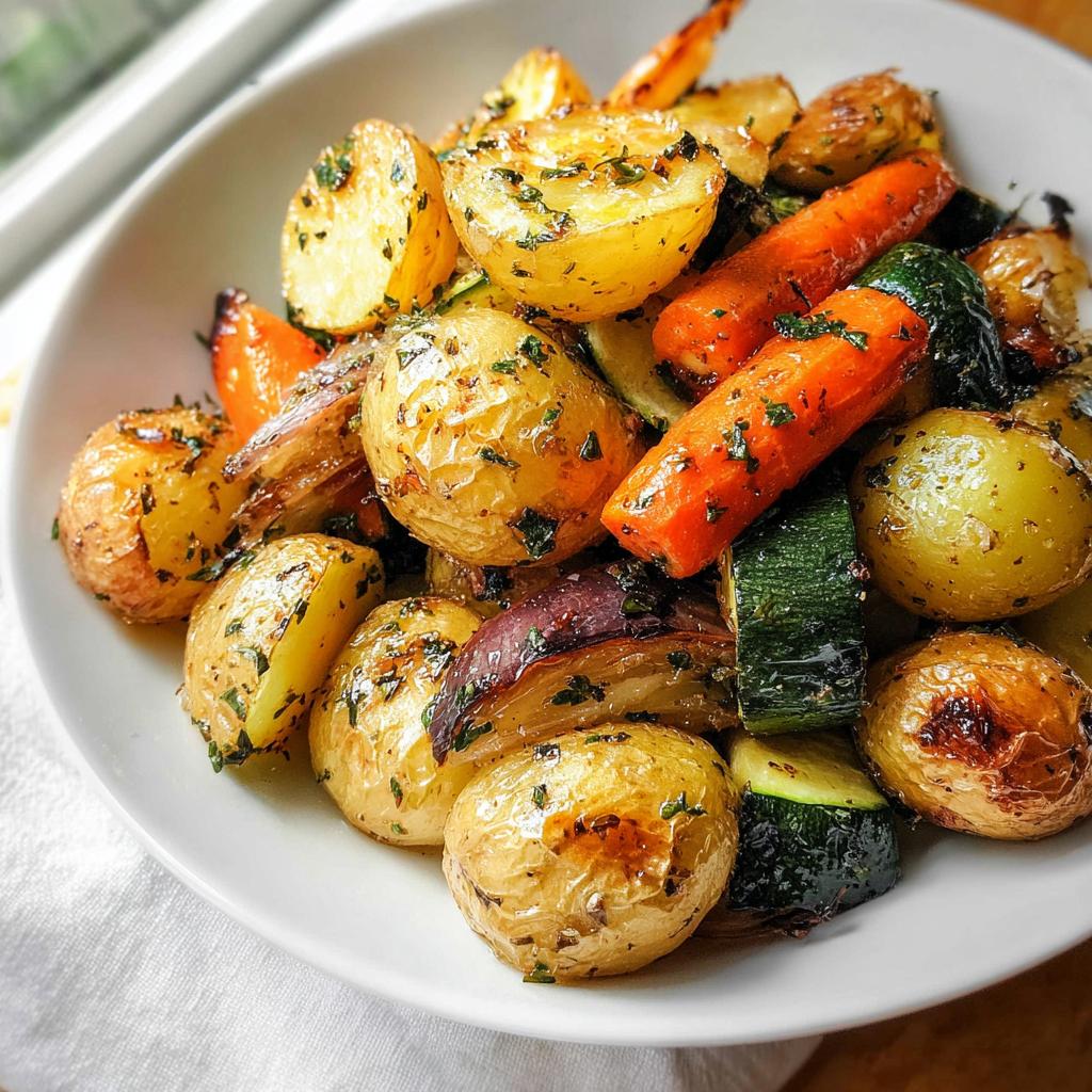 A close-up of roasted Garlic Herb Roasted Potatoes, Carrots, and Zucchini tossed with herbs in a white bowl.