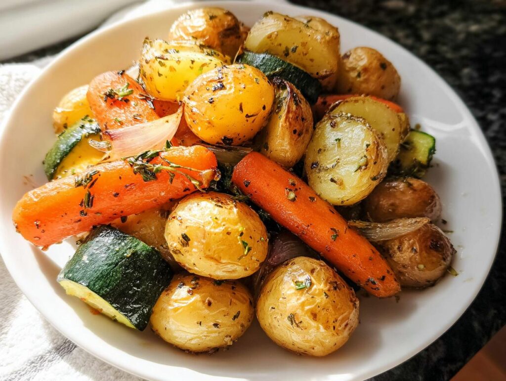 A white plate filled with roasted Garlic Herb Roasted Potatoes, Carrots, and Zucchini seasoned with herbs.
