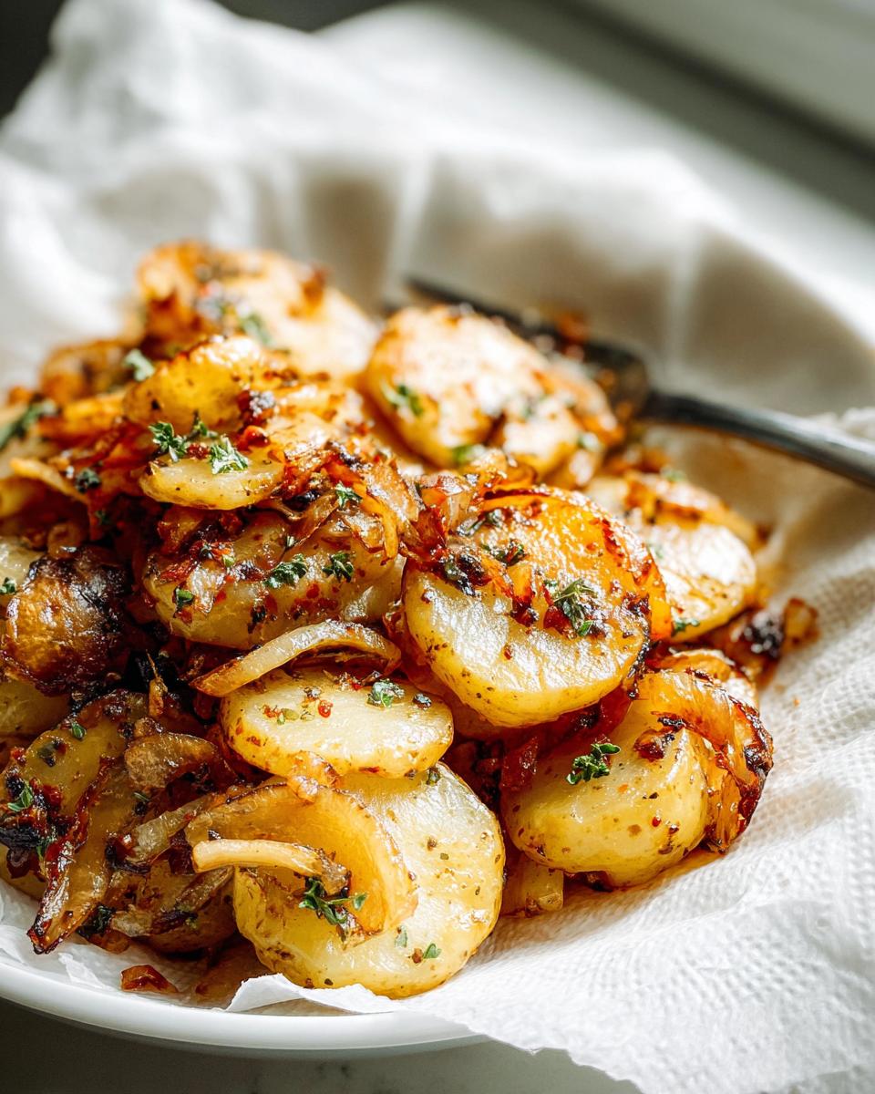 Close-up of golden brown Garlic Herb Skillet Fried Potatoes and Onions garnished with fresh parsley.