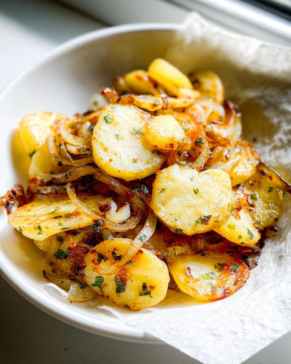 Close-up of golden brown Garlic Herb Skillet Fried Potatoes and Onions served in a white bowl lined with a paper towel.