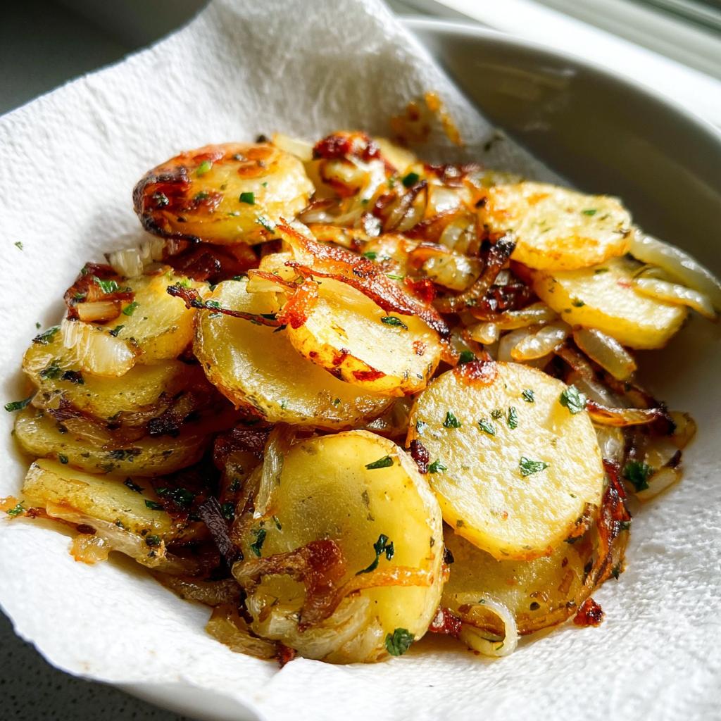 Close-up of perfectly browned Garlic Herb Skillet Fried Potatoes and Onions seasoned with parsley.