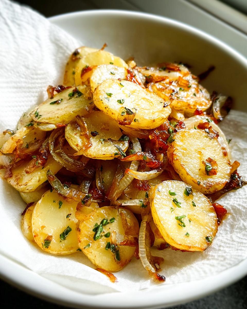 Close-up of golden brown Garlic Herb Skillet Fried Potatoes and Onions garnished with fresh herbs.