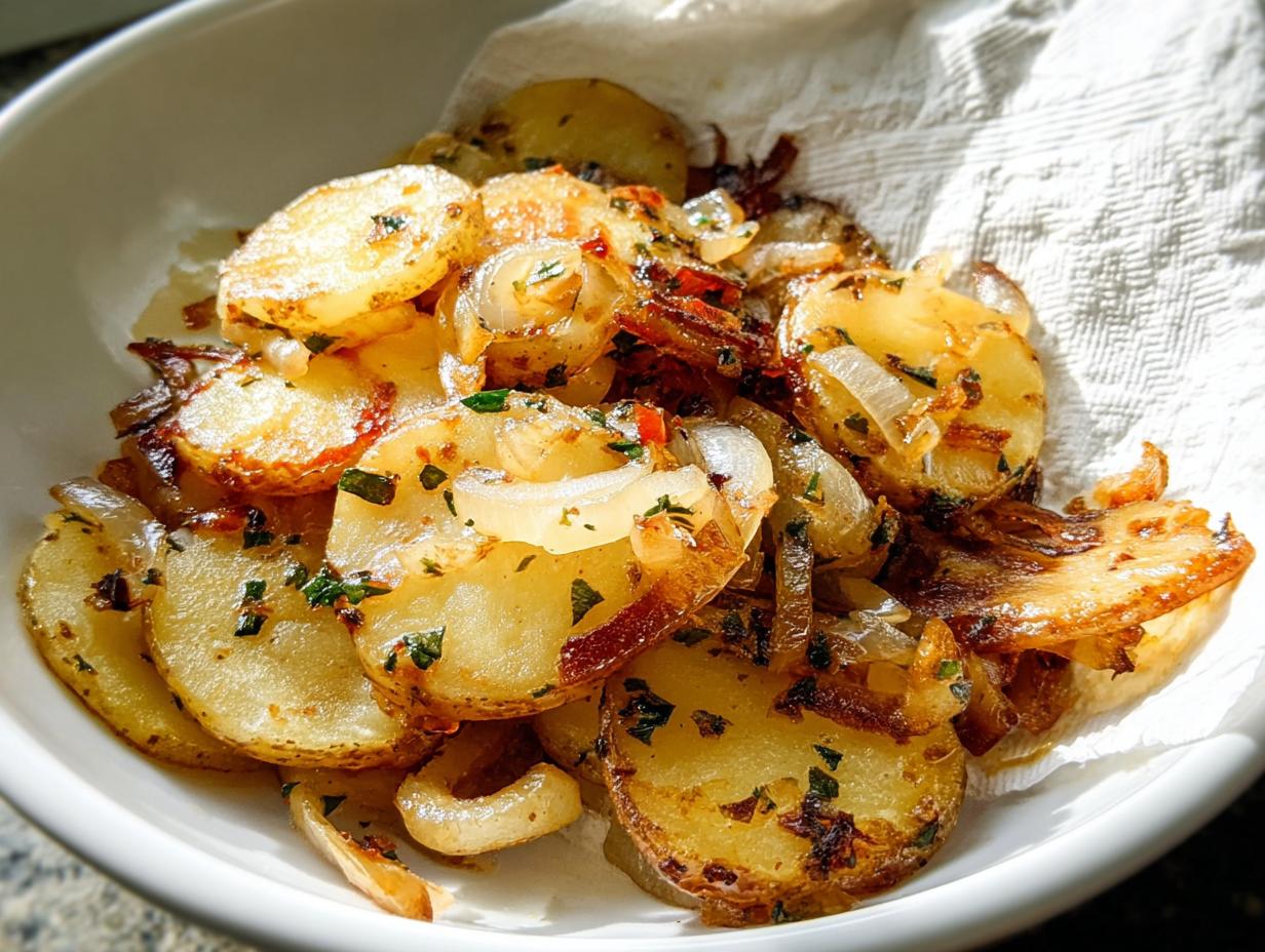 Close-up of golden brown Garlic Herb Skillet Fried Potatoes and Onions served in a white bowl on a paper towel.
