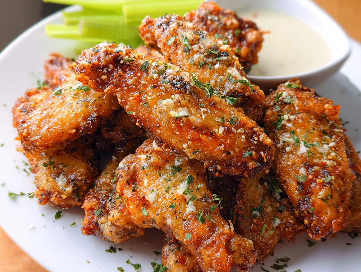 A close-up of crispy, golden Garlic Parmesan Air Fryer Chicken Wings sprinkled with cheese and parsley, served with celery and dip.
