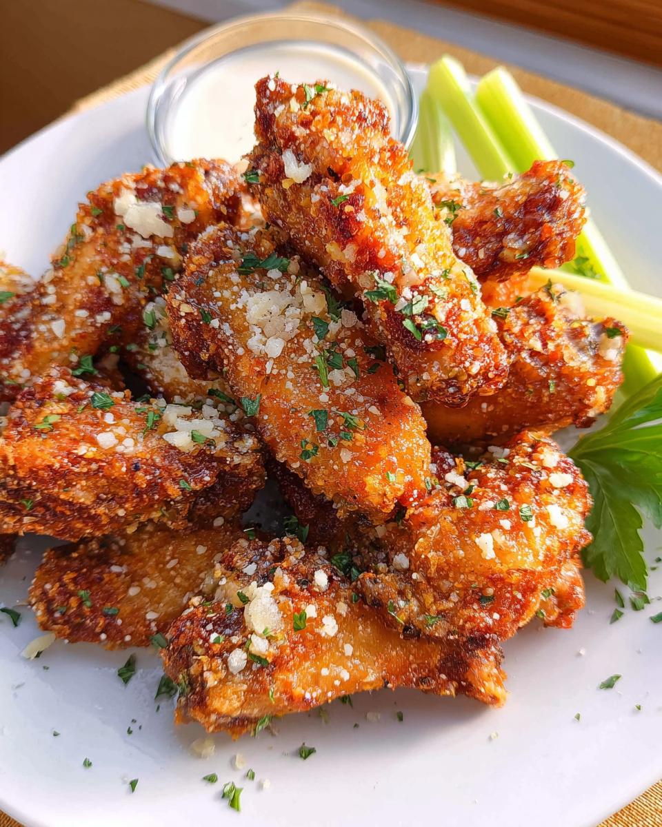 Close-up of crispy Garlic Parmesan Air Fryer Chicken Wings topped with grated cheese and parsley.
