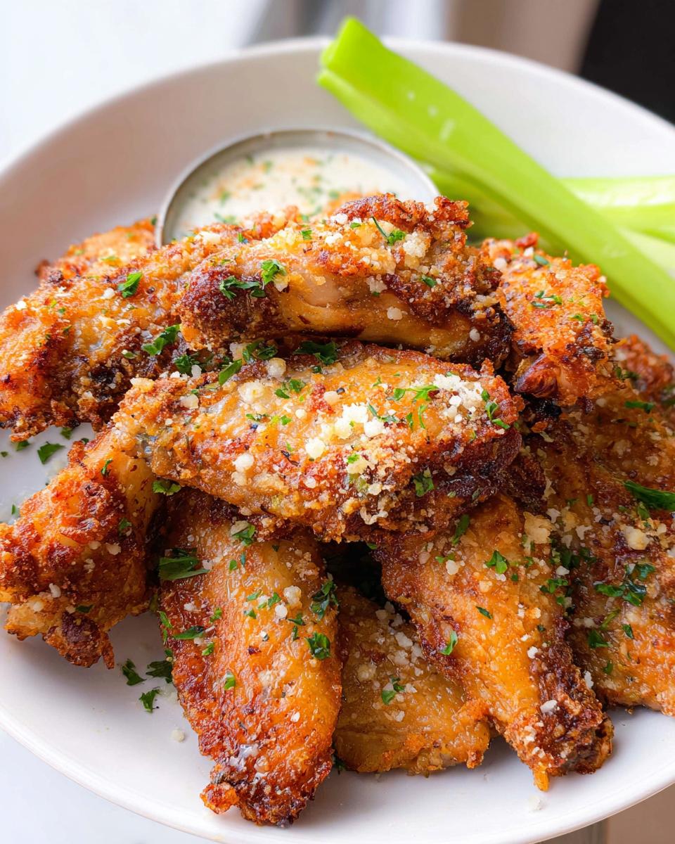 A close-up of crispy Garlic Parmesan Air Fryer Chicken Wings topped with grated cheese and parsley, served with ranch dip and celery sticks.