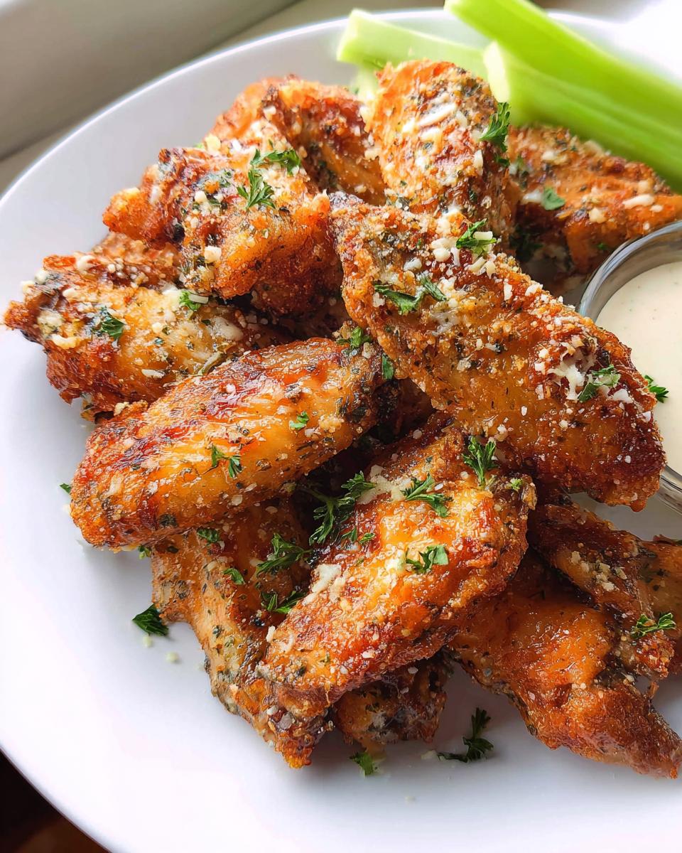 A pile of crispy Garlic Parmesan Air Fryer Chicken Wings topped with grated cheese and parsley.