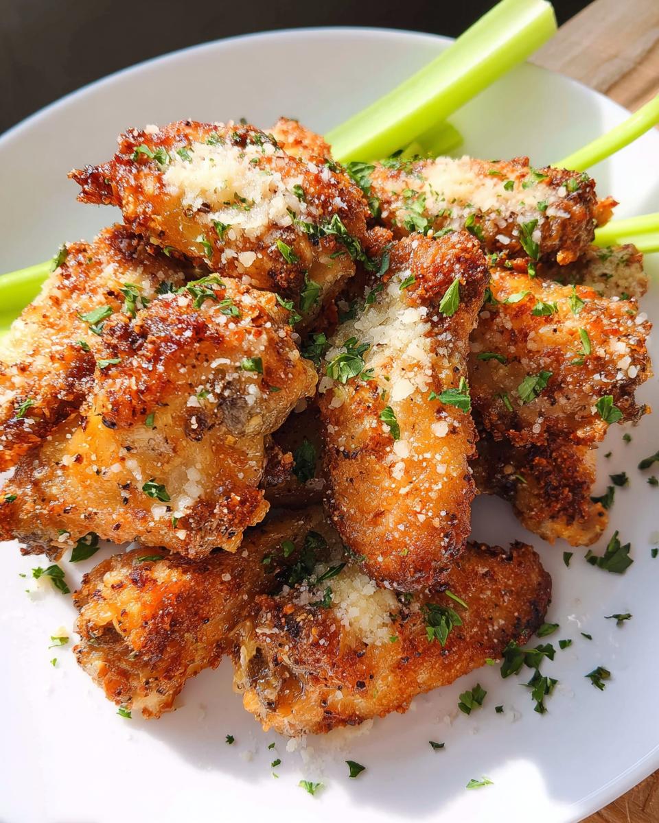 A pile of crispy Garlic Parmesan Air Fryer Chicken Wings topped with grated cheese and parsley, served with celery sticks.