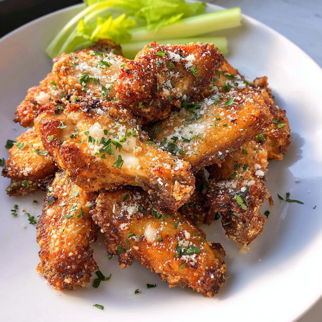 A pile of crispy Garlic Parmesan Air Fryer Chicken Wings topped with grated cheese and parsley, served with celery sticks.
