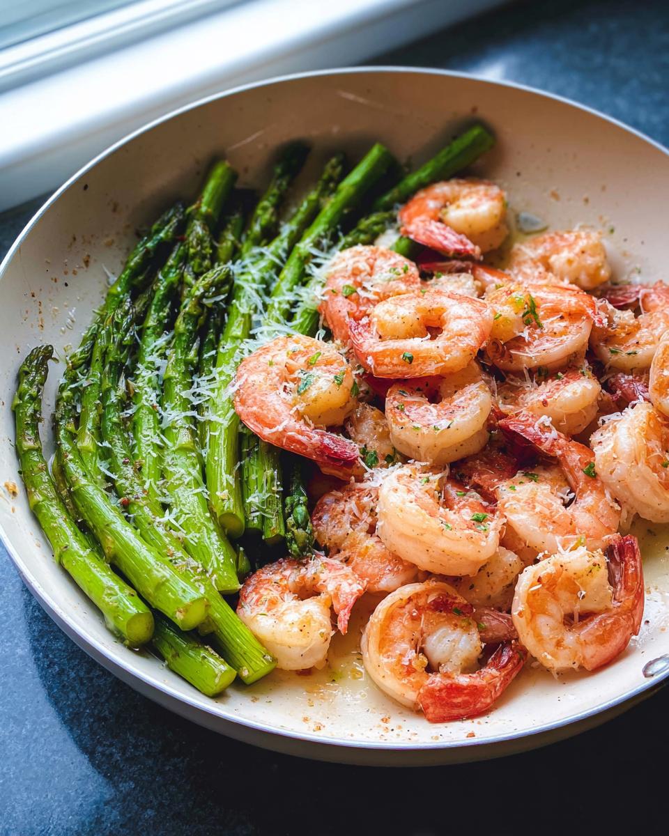 A skillet filled with cooked shrimp and bright green asparagus, topped with grated cheese, showcasing the Garlic Shrimp and Asparagus Skillet.