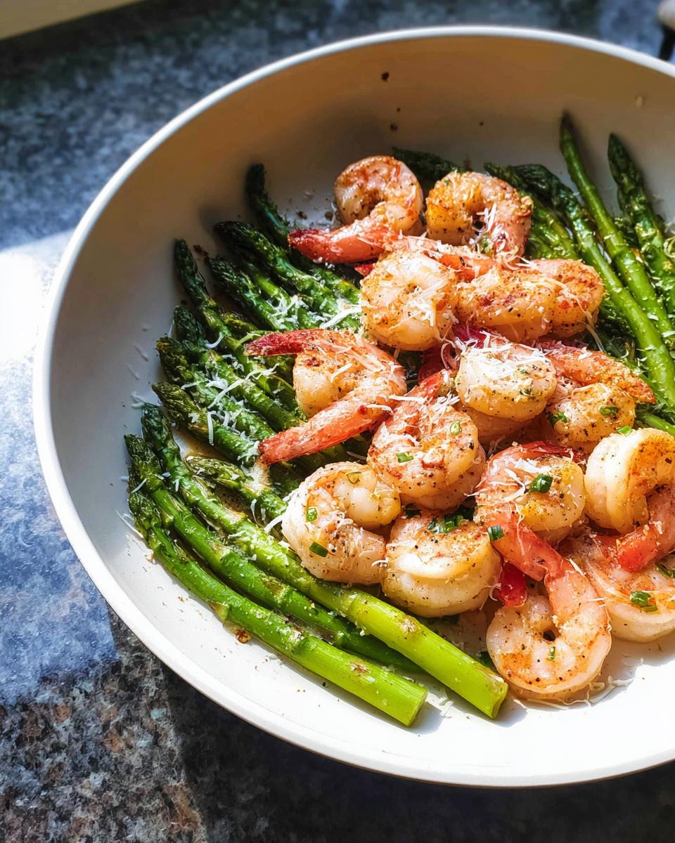 A white bowl filled with Garlic Shrimp and Asparagus Skillet, topped with grated cheese and herbs.