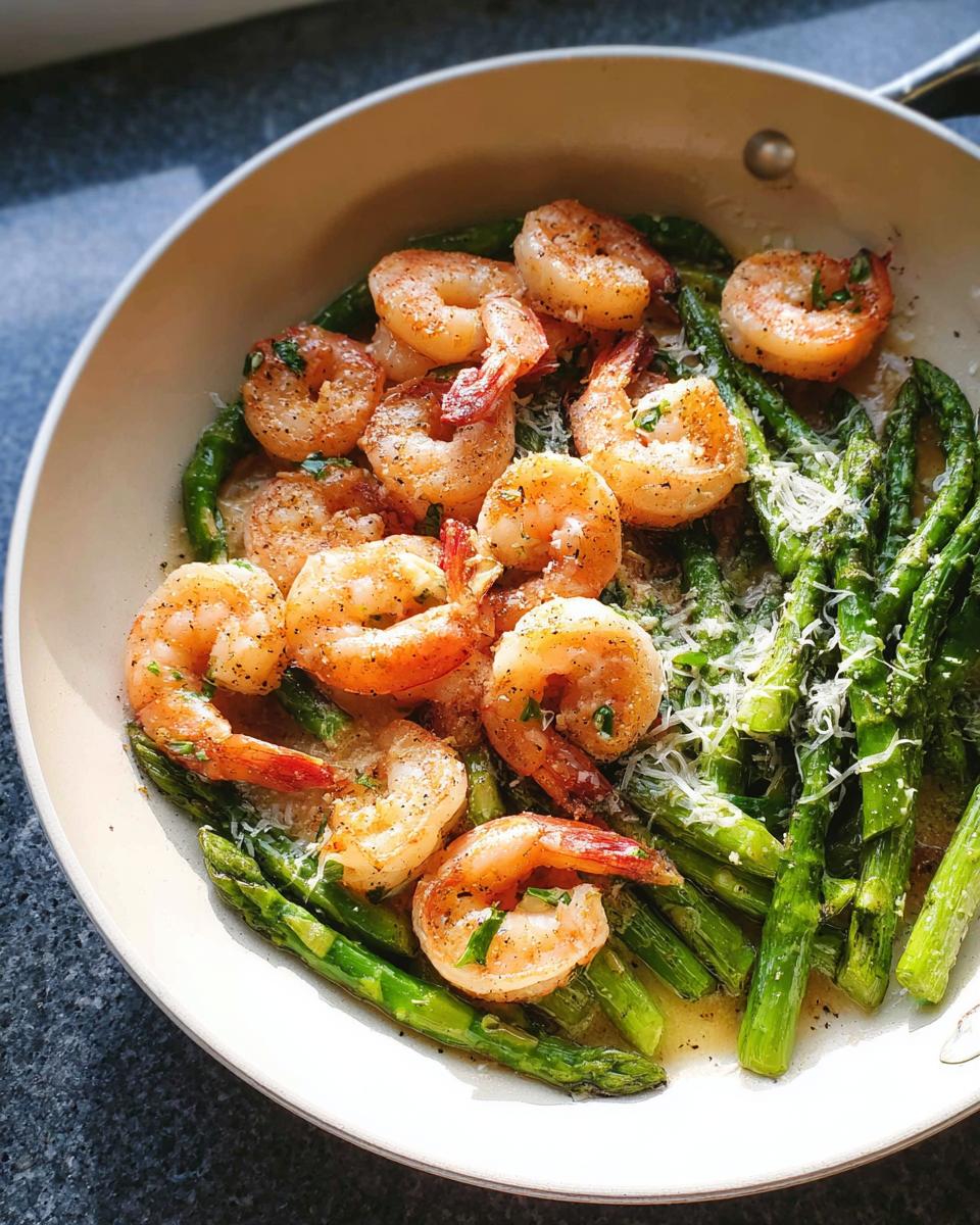 Close-up of Garlic Shrimp and Asparagus Skillet topped with grated cheese in a light-colored pan.