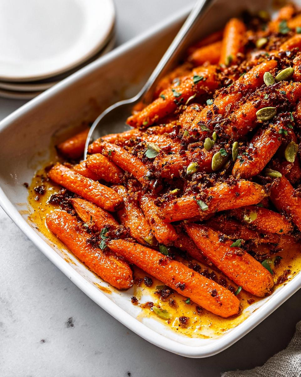 Close-up of glazed, roasted baby carrots topped with a crunchy brown crumble and pepitas, a perfect addition to Top 25 Thanksgiving Side Dishes.
