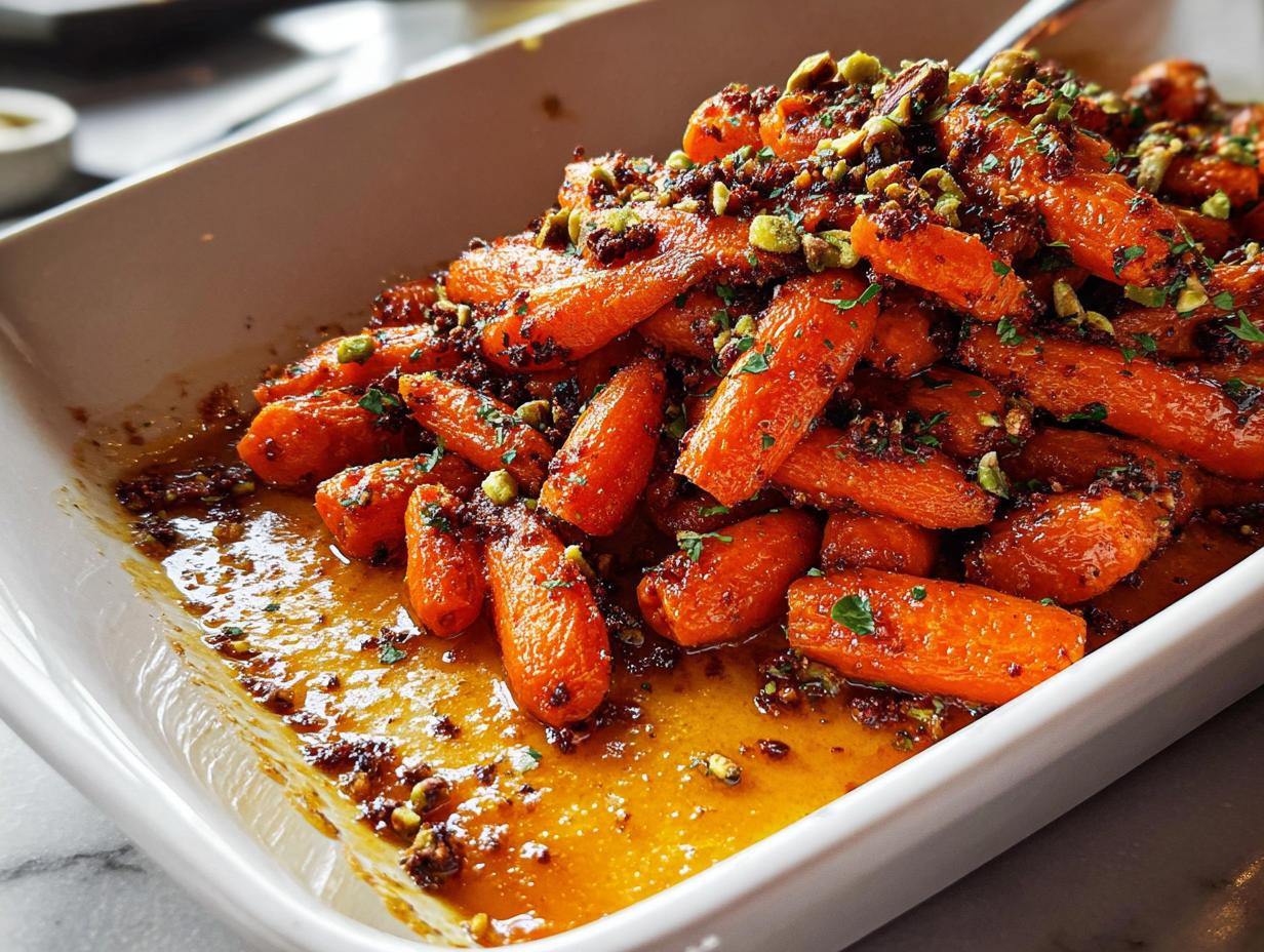 Close-up of glazed carrots topped with pistachios and herbs, a perfect addition to Top 25 Thanksgiving Side Dishes.