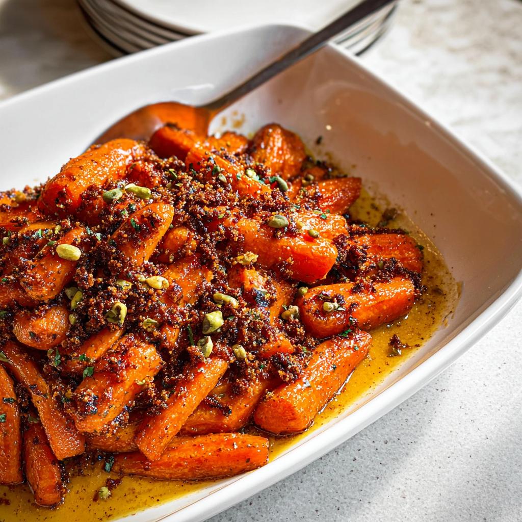 Close-up of glazed carrots topped with brown crumble and pistachios, a perfect addition to Top 25 Thanksgiving Side Dishes.