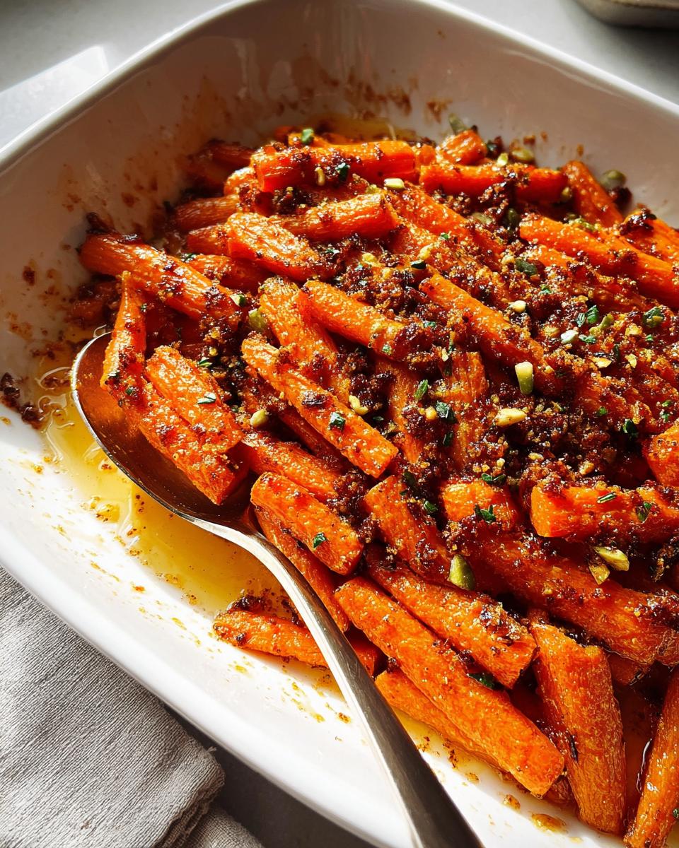 Close-up of glazed, roasted carrots topped with a brown, crunchy topping, served in a white dish as one of the Top 25 Thanksgiving Side Dishes.