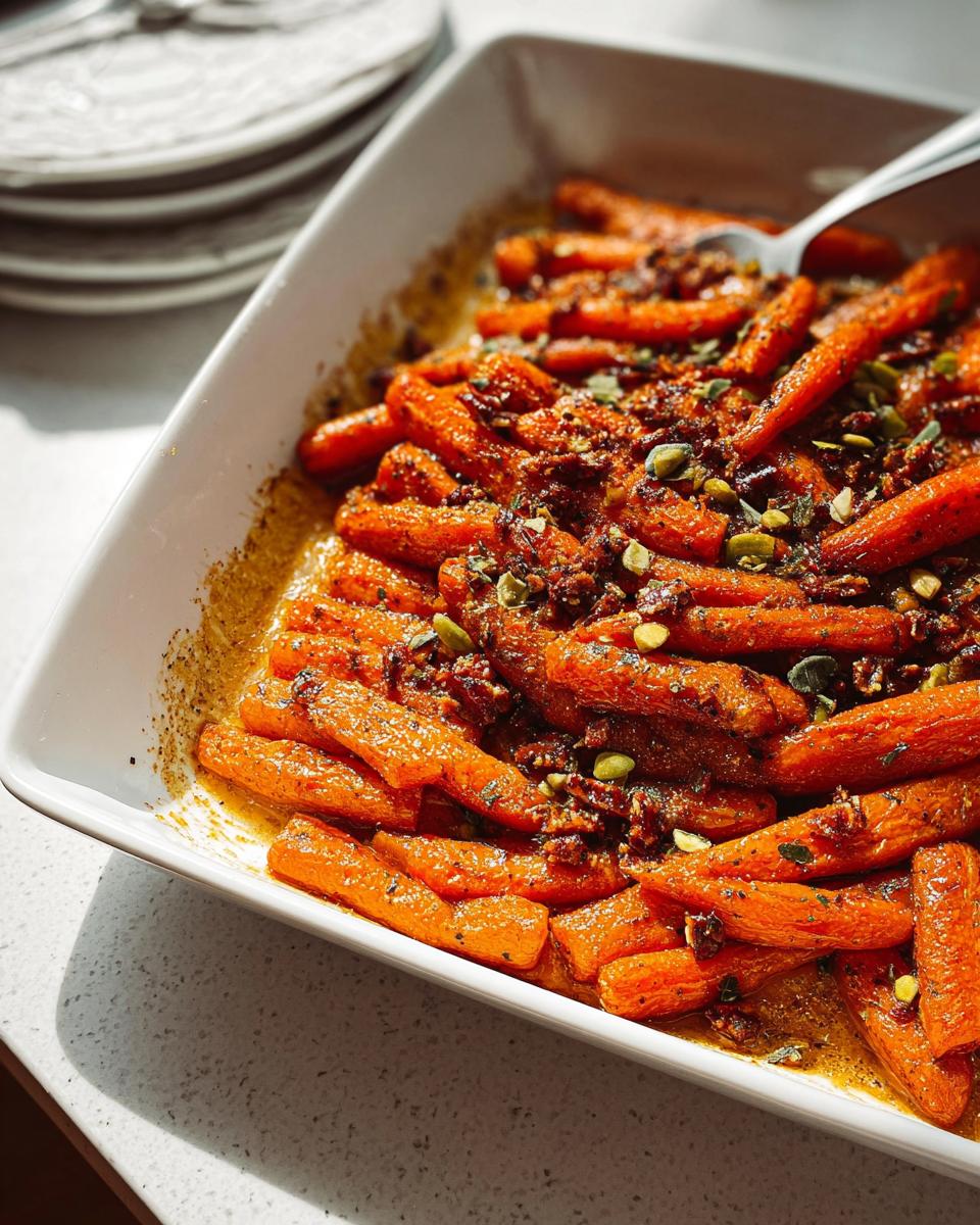A white serving dish filled with roasted, glazed carrots topped with nuts and herbs, perfect for Thanksgiving side dishes.