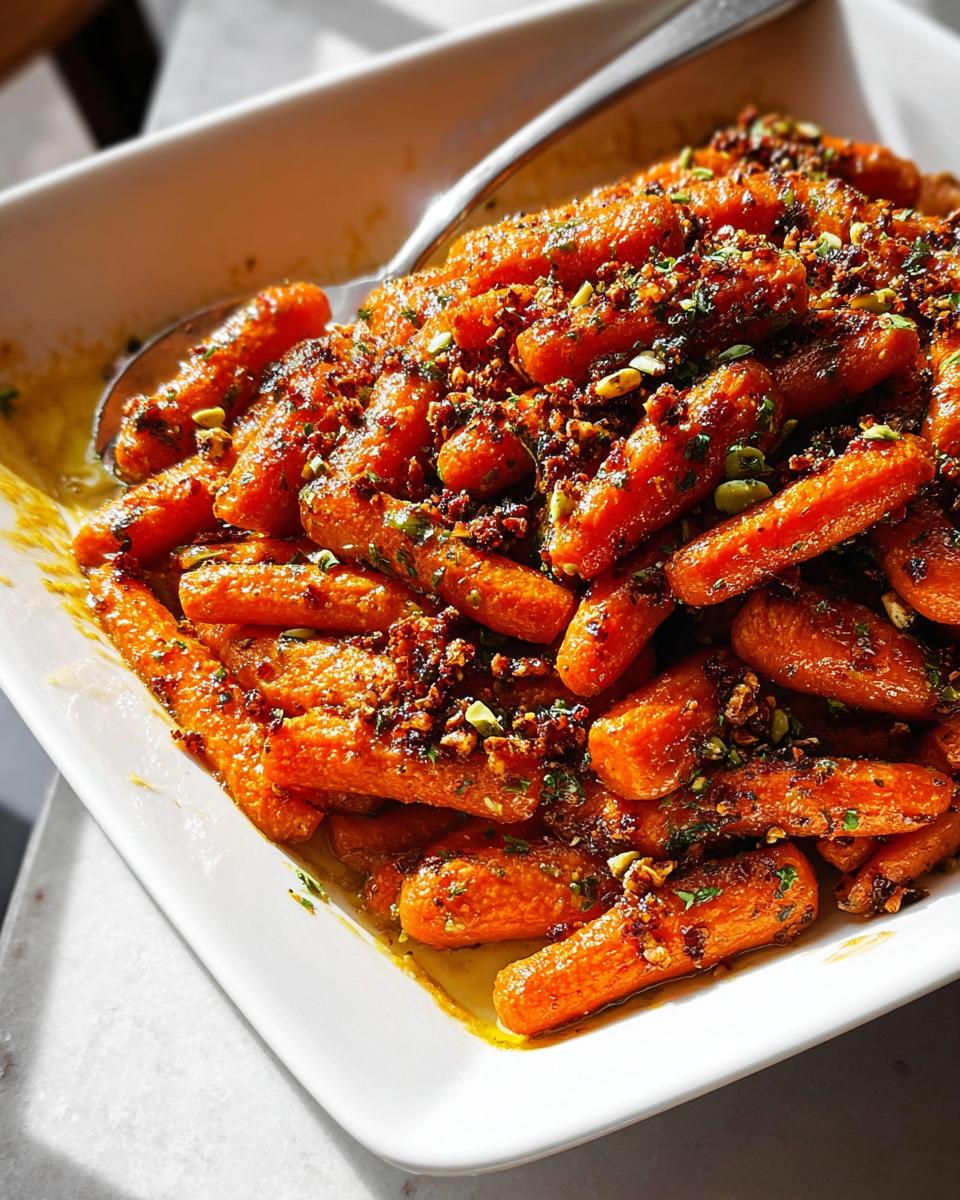 Close-up of glazed roasted carrots with a crunchy topping, perfect for Thanksgiving side dishes.