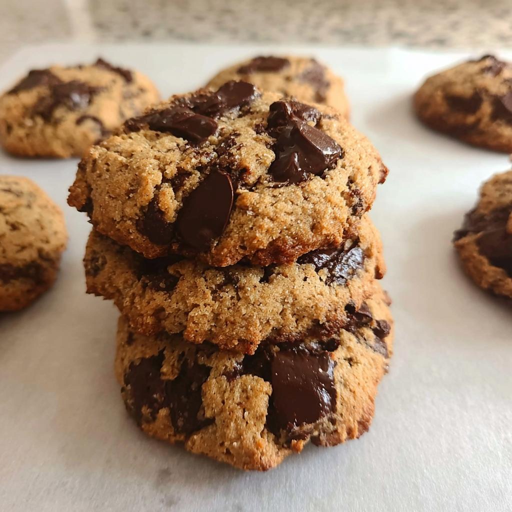 A stack of three delicious Gluten Free Almond Flour Chocolate Chip Cookies loaded with melted chocolate chunks.
