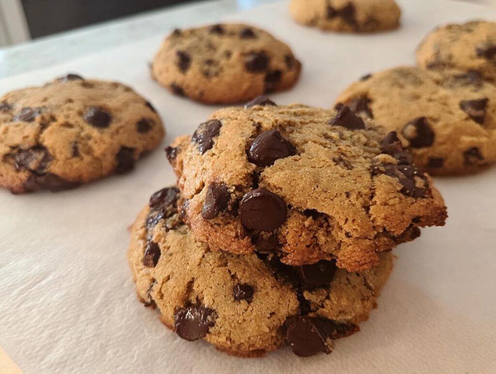 Close-up of stacked Gluten Free Almond Flour Chocolate Chip Cookies on parchment paper.