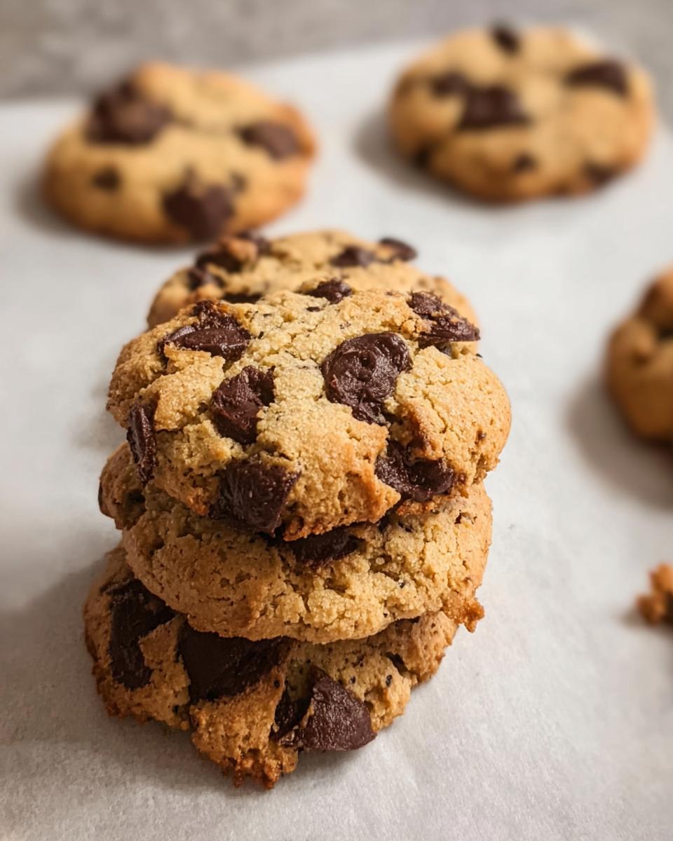 A stack of three freshly baked Gluten Free Almond Flour Chocolate Chip Cookies loaded with dark chocolate chunks.