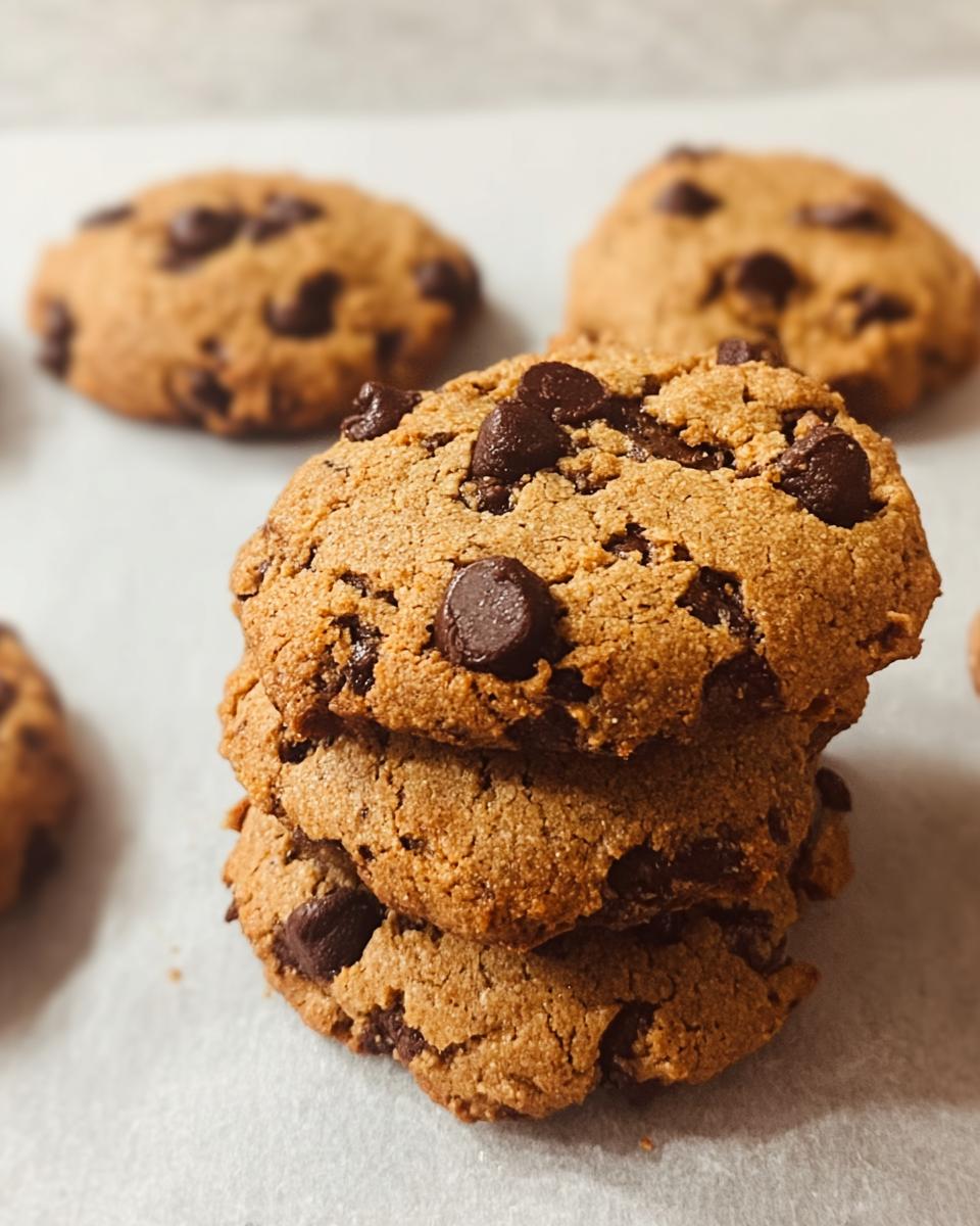 A close-up stack of three delicious Gluten Free Almond Flour Chocolate Chip Cookies topped with melted chocolate chips.