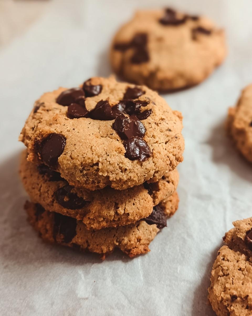 A stack of three freshly baked Gluten Free Almond Flour Chocolate Chip Cookies loaded with melted chocolate chunks.