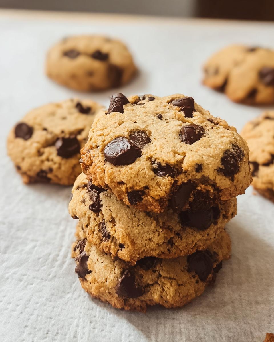 A close-up stack of three delicious Gluten Free Almond Flour Chocolate Chip Cookies with visible chocolate chips.