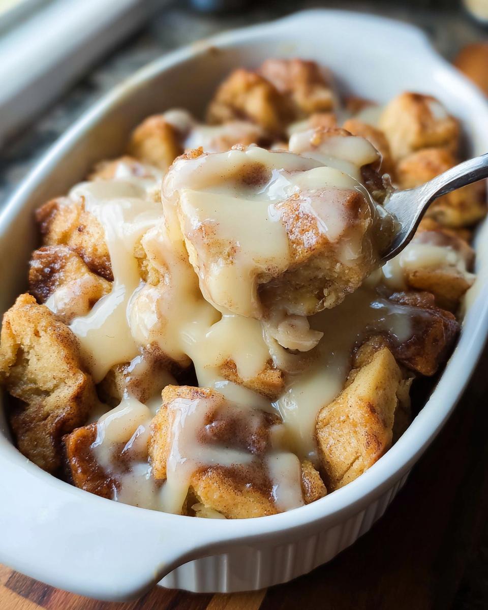 A fork lifts a piece of Gooey Cinnamon Roll Bread Pudding drenched in thick vanilla icing from a white baking dish.