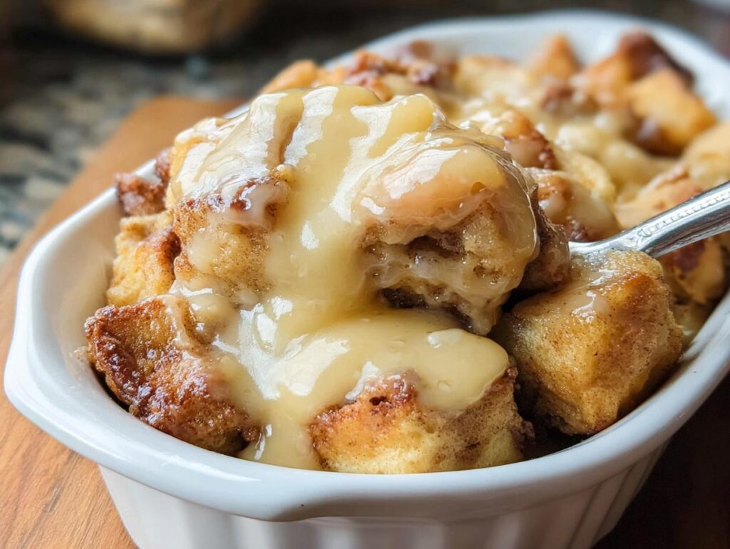 Close-up of rich Gooey Cinnamon Roll Bread Pudding covered in thick, creamy vanilla glaze, being scooped with a spoon.