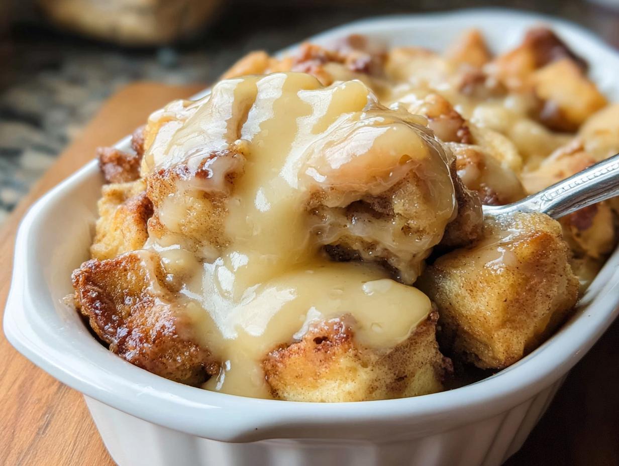 Close-up of rich Gooey Cinnamon Roll Bread Pudding covered in thick, creamy vanilla glaze, being scooped with a spoon.