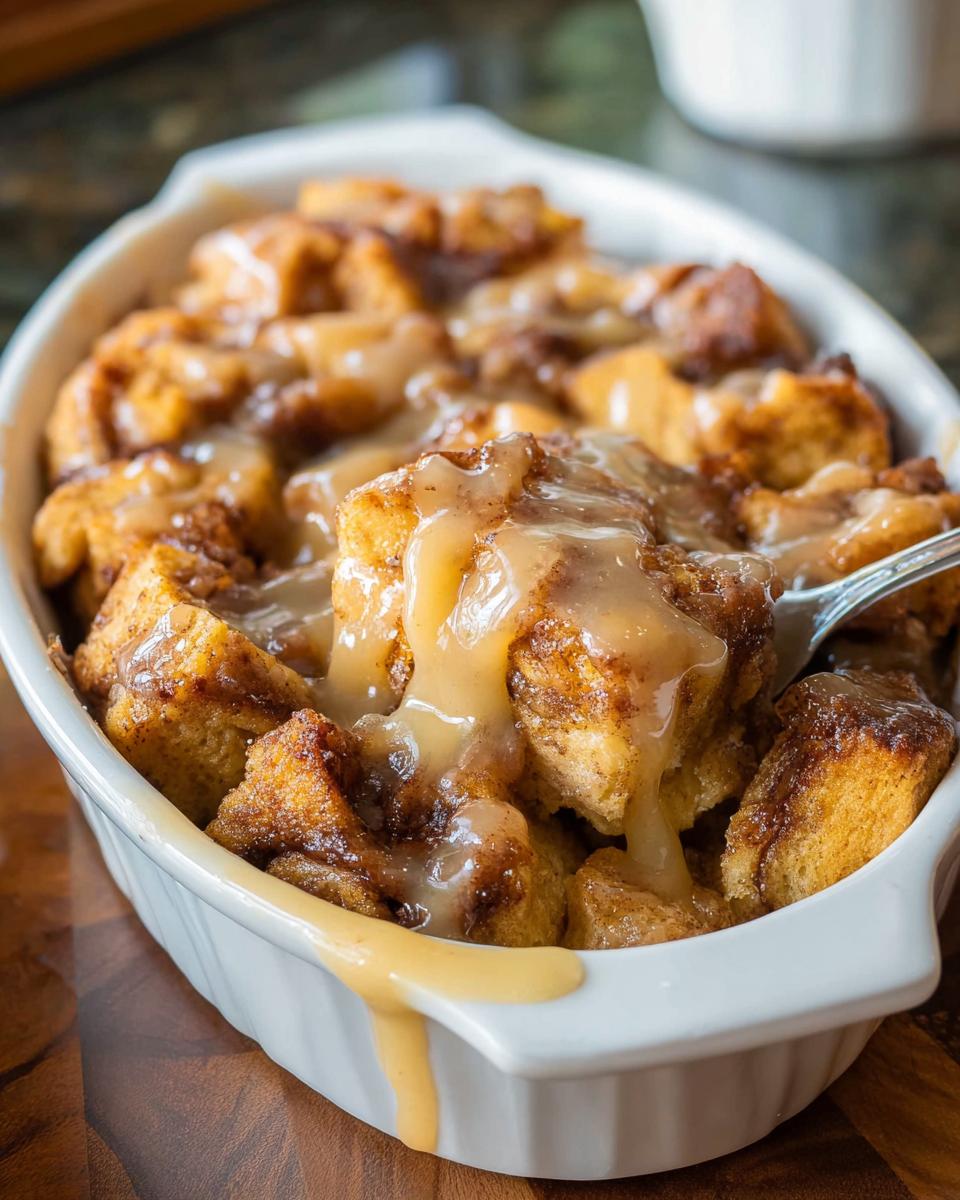 Close-up of Gooey Cinnamon Roll Bread Pudding in a white dish, covered in thick caramel sauce.