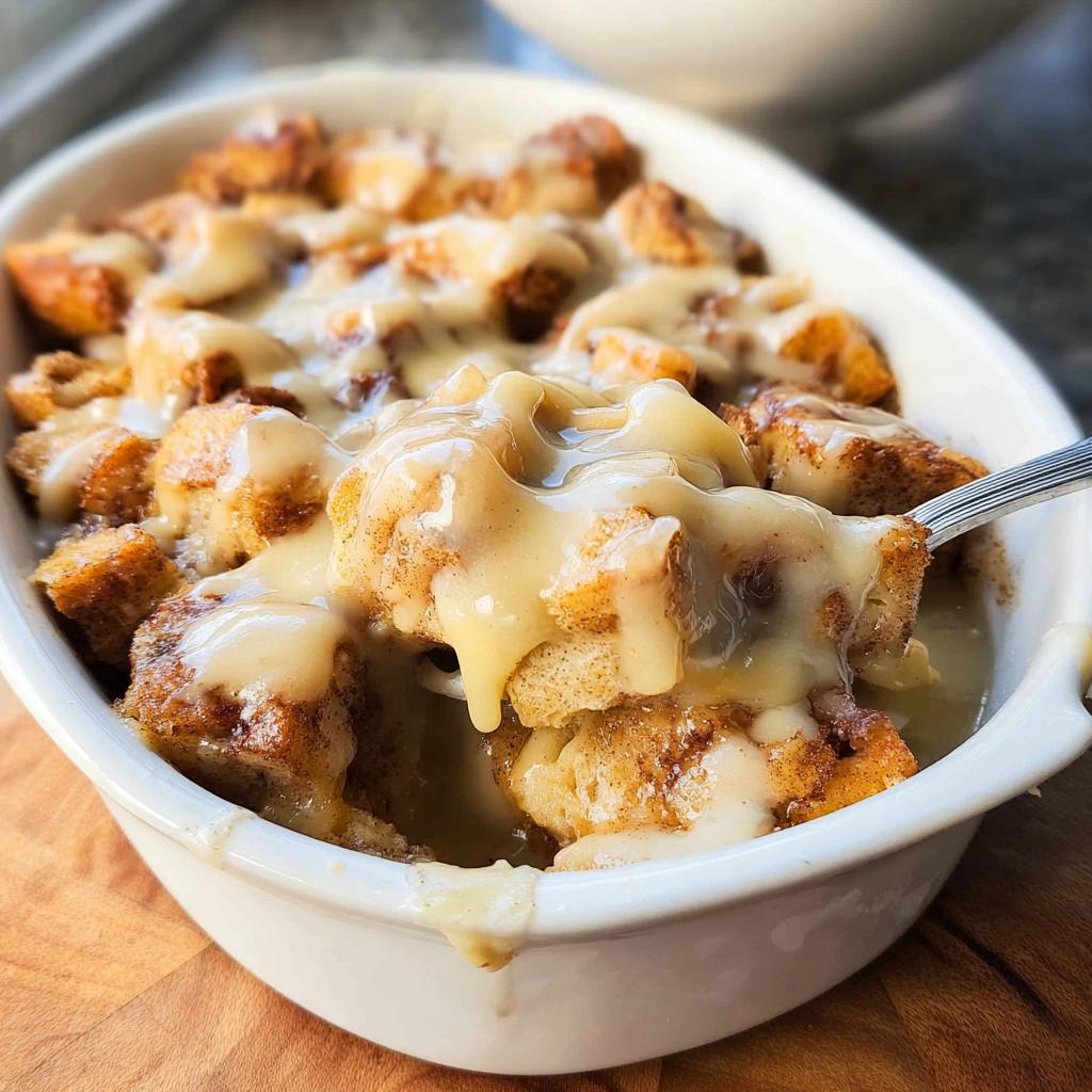 A spoonful being lifted from a white dish filled with Gooey Cinnamon Roll Bread Pudding covered in thick vanilla glaze.