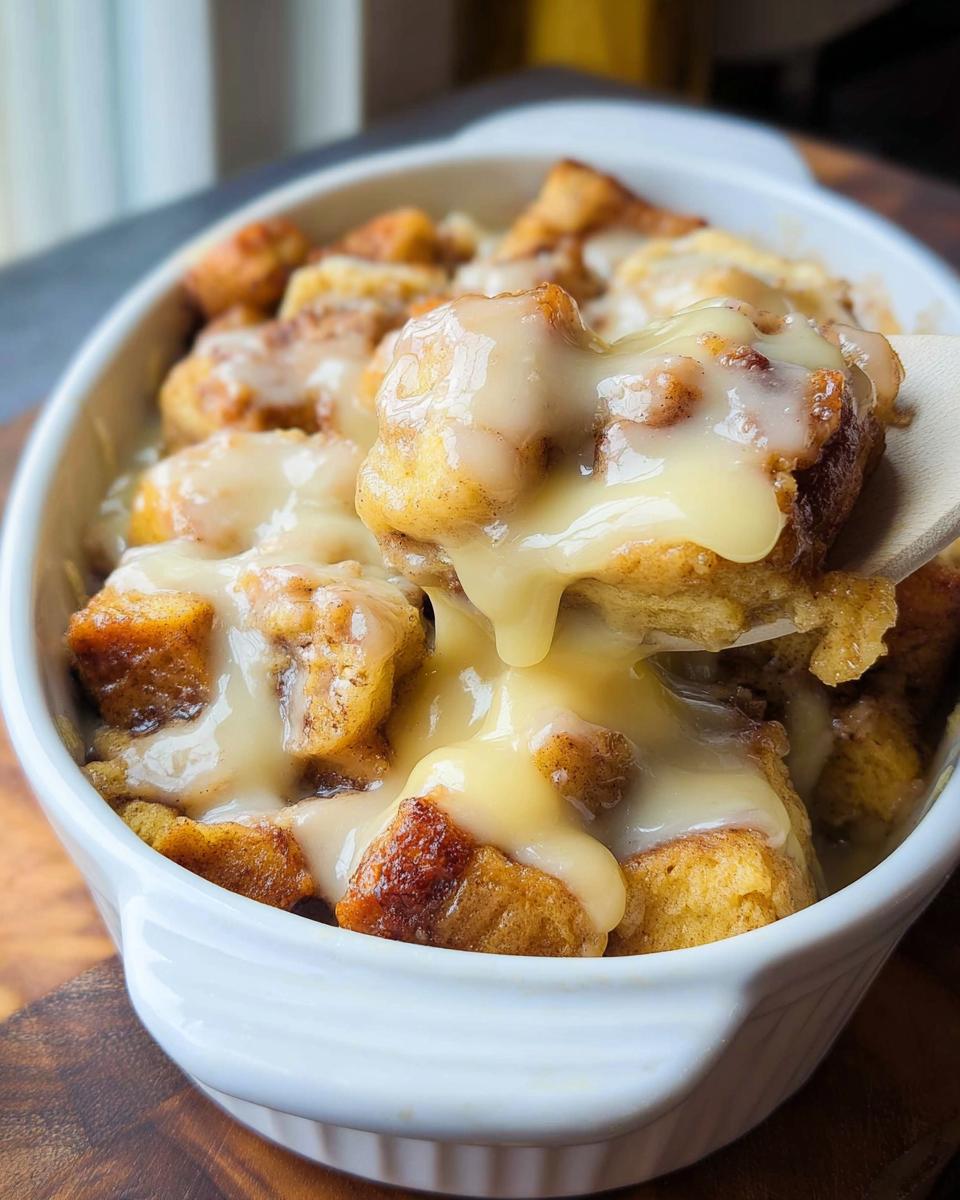 A spoonful of Gooey Cinnamon Roll Bread Pudding dripping with thick vanilla icing, served from a white dish.