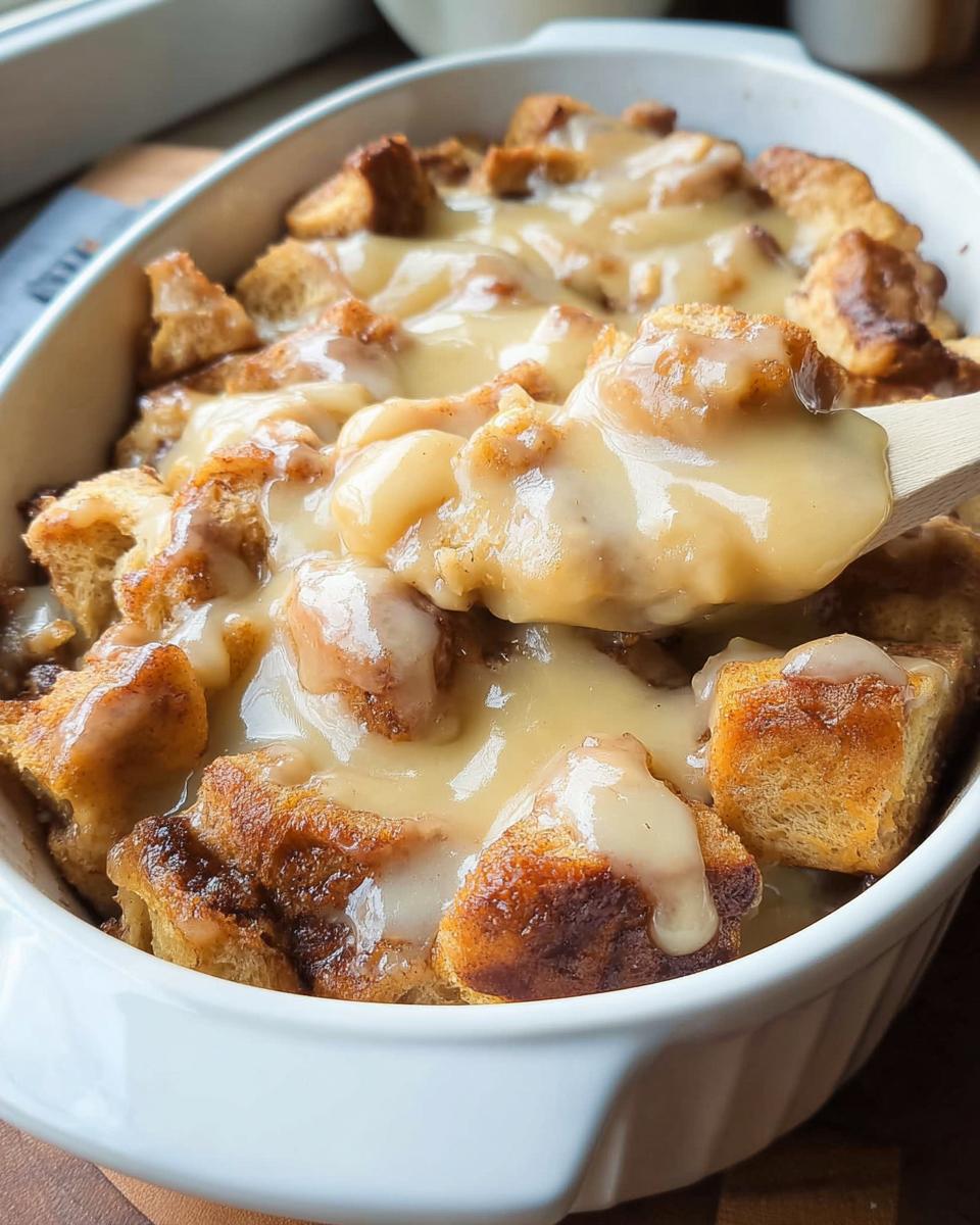 A spoonful of Gooey Cinnamon Roll Bread Pudding covered in thick vanilla glaze being lifted from a white baking dish.