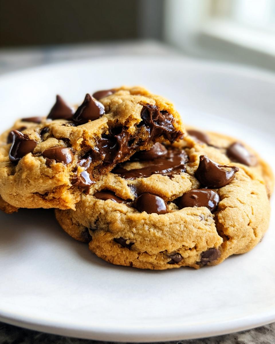Close-up of a soft Peanut Butter Chocolate Chip Cookie broken in half, showing melted chocolate chips inside.