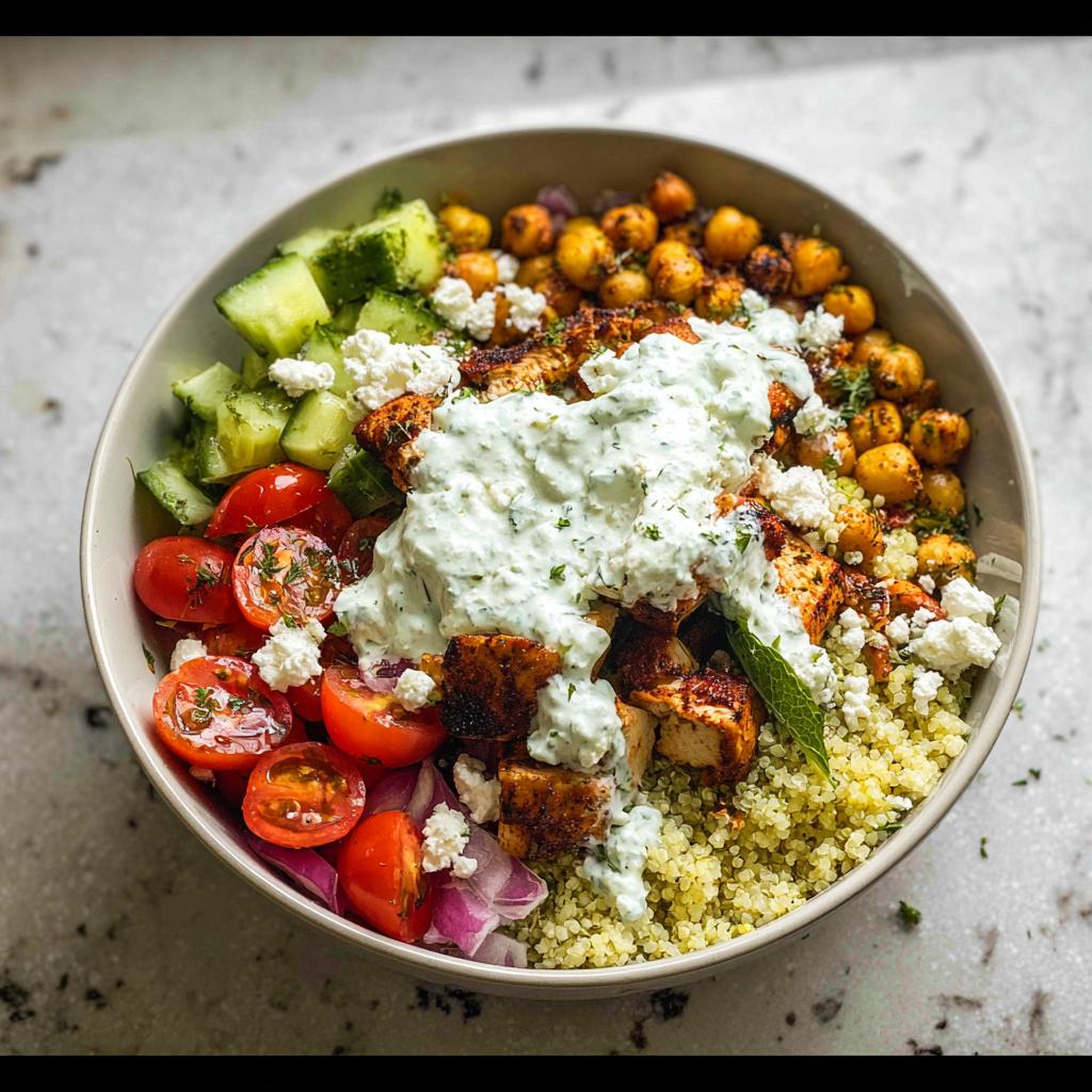 A vibrant bowl featuring seasoned chicken, quinoa, roasted chickpeas, tomatoes, cucumber, and a generous dollop of tzatziki sauce in Greek Chicken Power Bowls.
