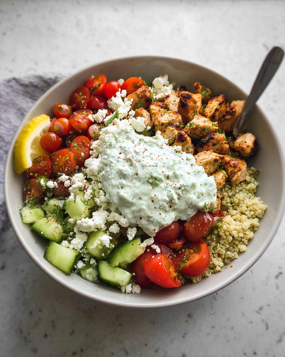 A bowl filled with quinoa, seasoned chicken, cucumbers, tomatoes, feta, and a large dollop of tzatziki sauce, making up a Greek Chicken Power Bowl.