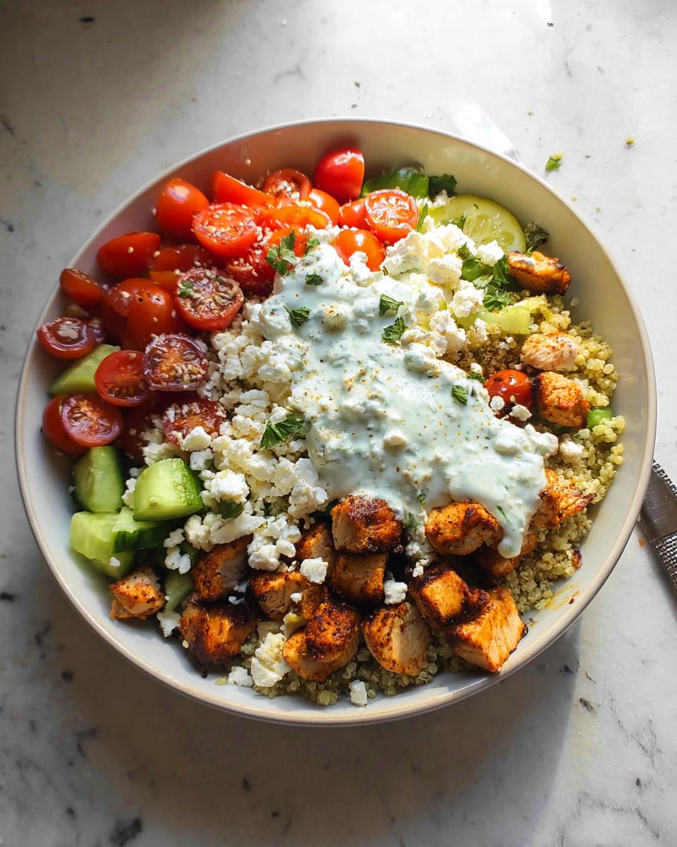 Overhead view of a vibrant Greek Chicken Power Bowl topped with tzatziki sauce, feta, and fresh vegetables.