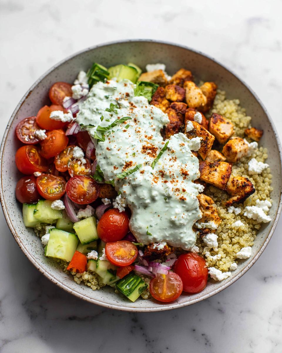 A close-up of a vibrant Greek Chicken Power Bowls with Tzatziki, featuring seasoned chicken, quinoa, tomatoes, cucumber, and feta.