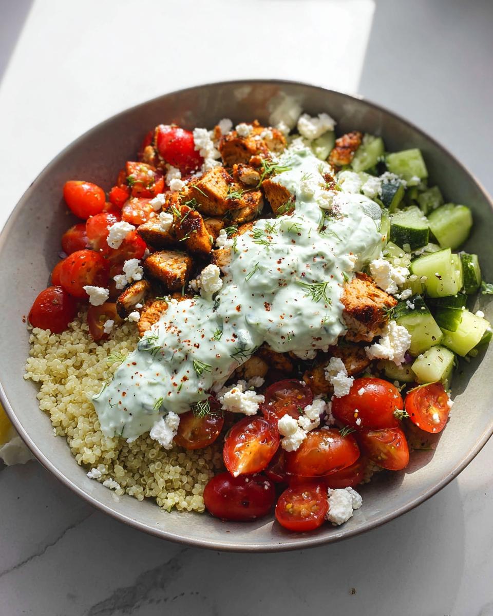 A vibrant bowl featuring seasoned chicken, quinoa, cherry tomatoes, cucumbers, feta, and a generous topping of Tzatziki sauce for Greek Chicken Power Bowls.