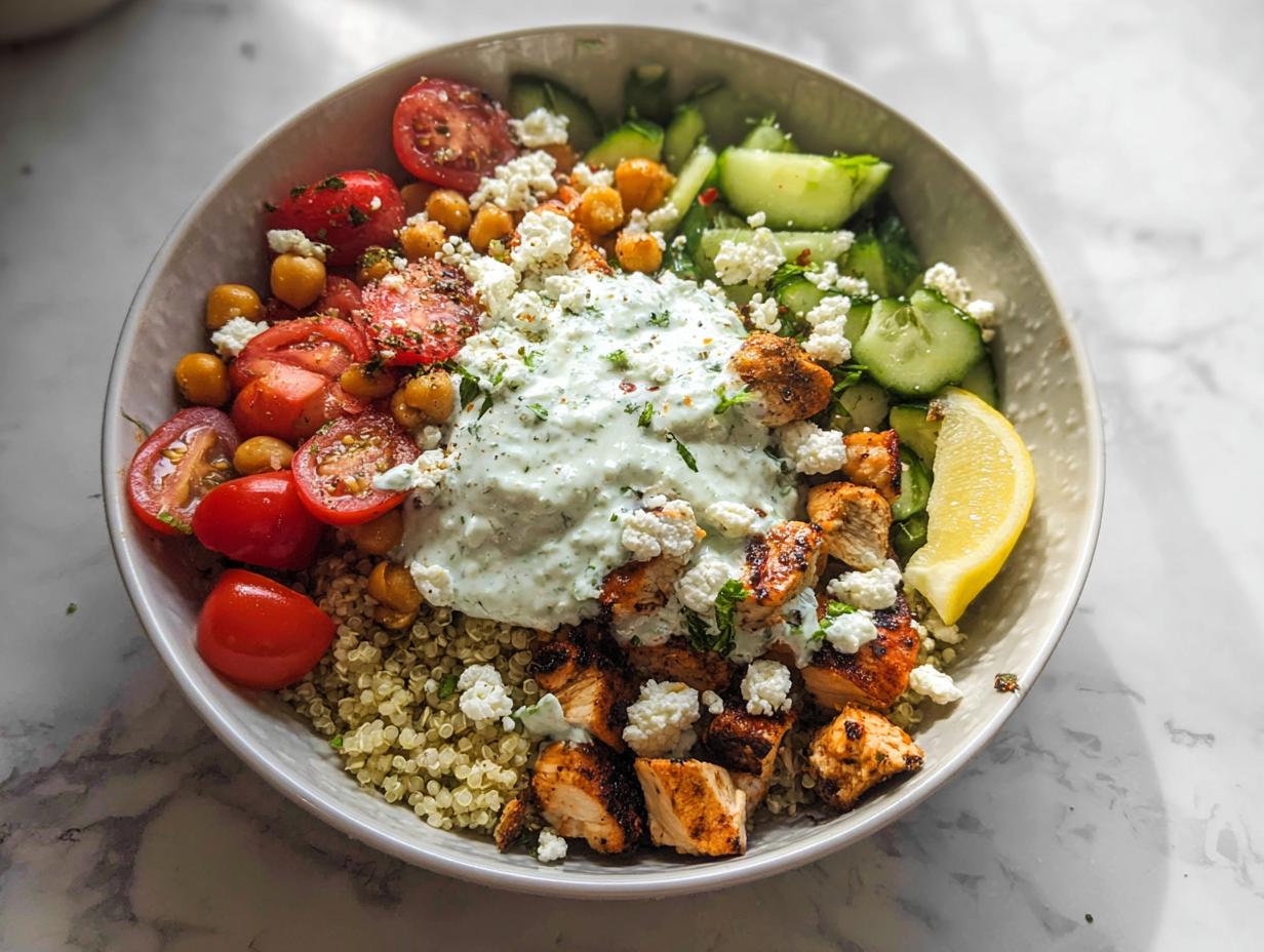 A vibrant bowl featuring grilled chicken, quinoa, cherry tomatoes, cucumbers, feta, and a large dollop of tzatziki sauce, perfect for Greek Chicken Power Bowls.
