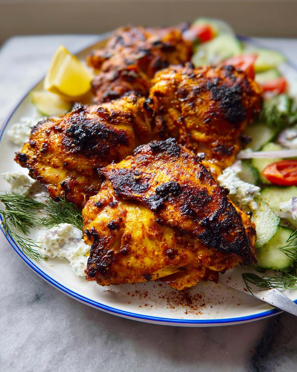 Close-up of four charred Greek Yogurt Marinated Chicken Thighs served with cucumber salad and a lemon wedge.