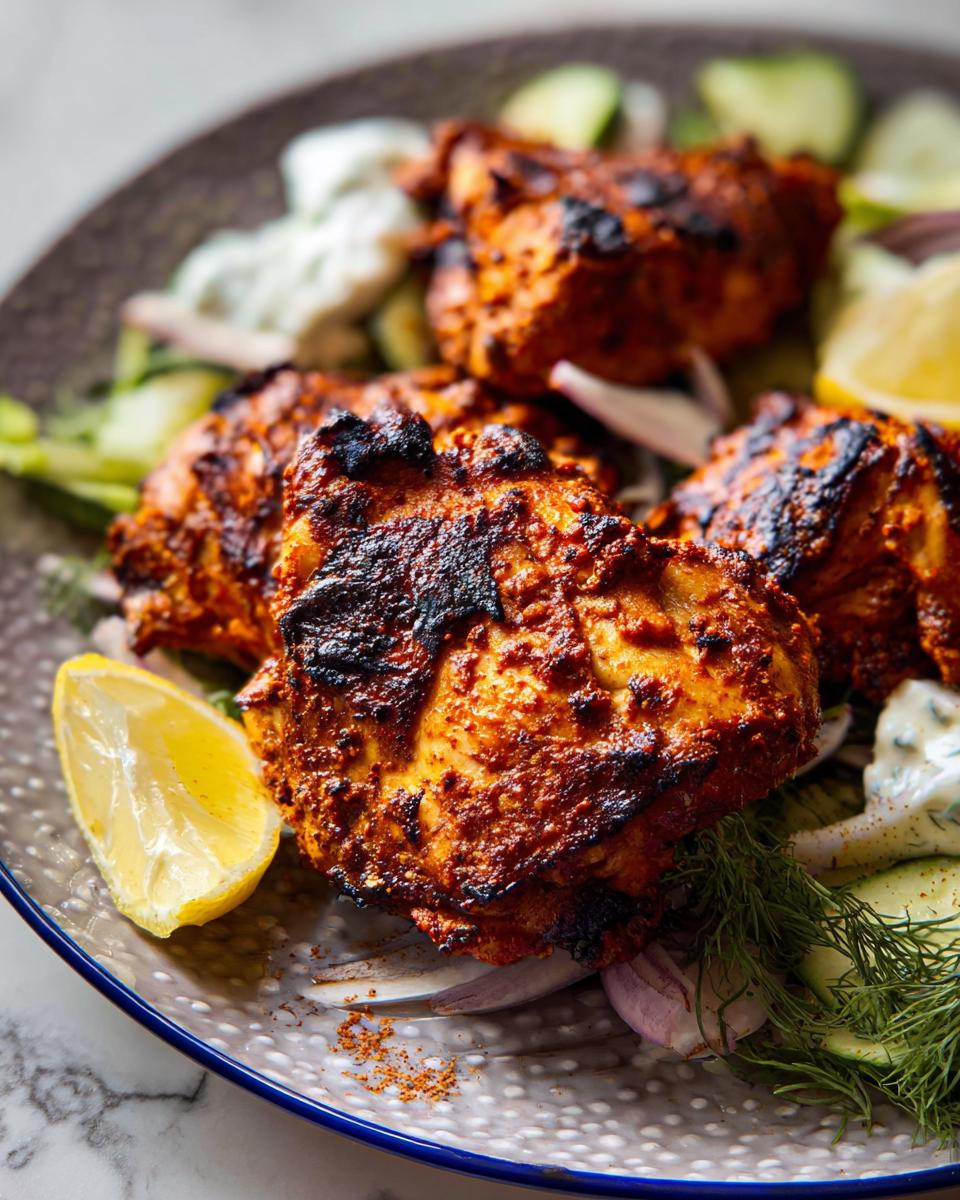 Close-up of perfectly charred Greek Yogurt Marinated Chicken Thighs served with cucumber, red onion, and lemon wedges.