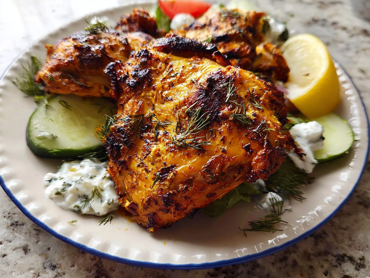 Close-up of grilled Greek Yogurt Marinated Chicken Thighs served with tzatziki sauce and fresh cucumber slices.