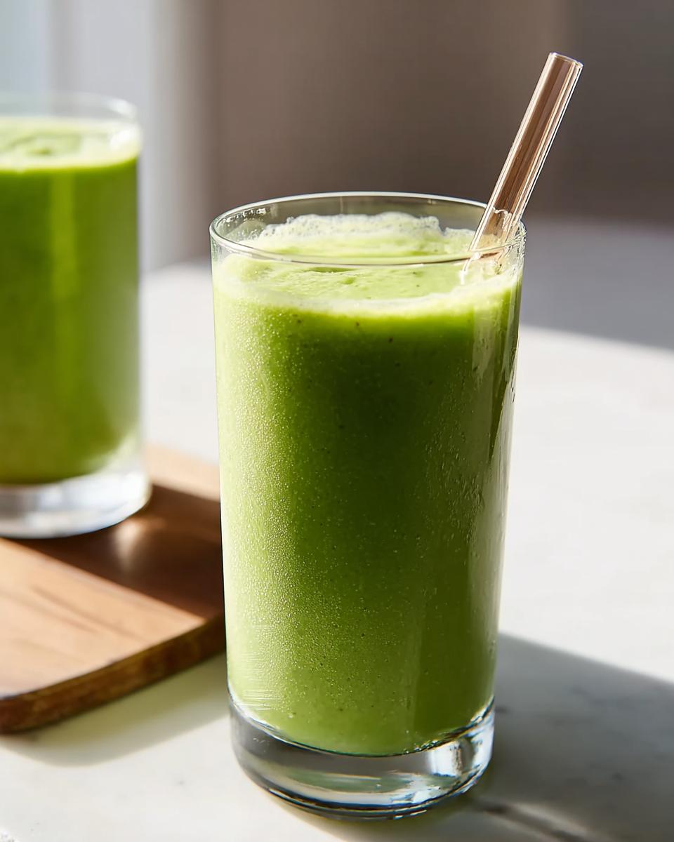 Close-up of a tall glass filled with a vibrant green smoothie, featuring a reusable straw, perfect for easy smoothie recipes.