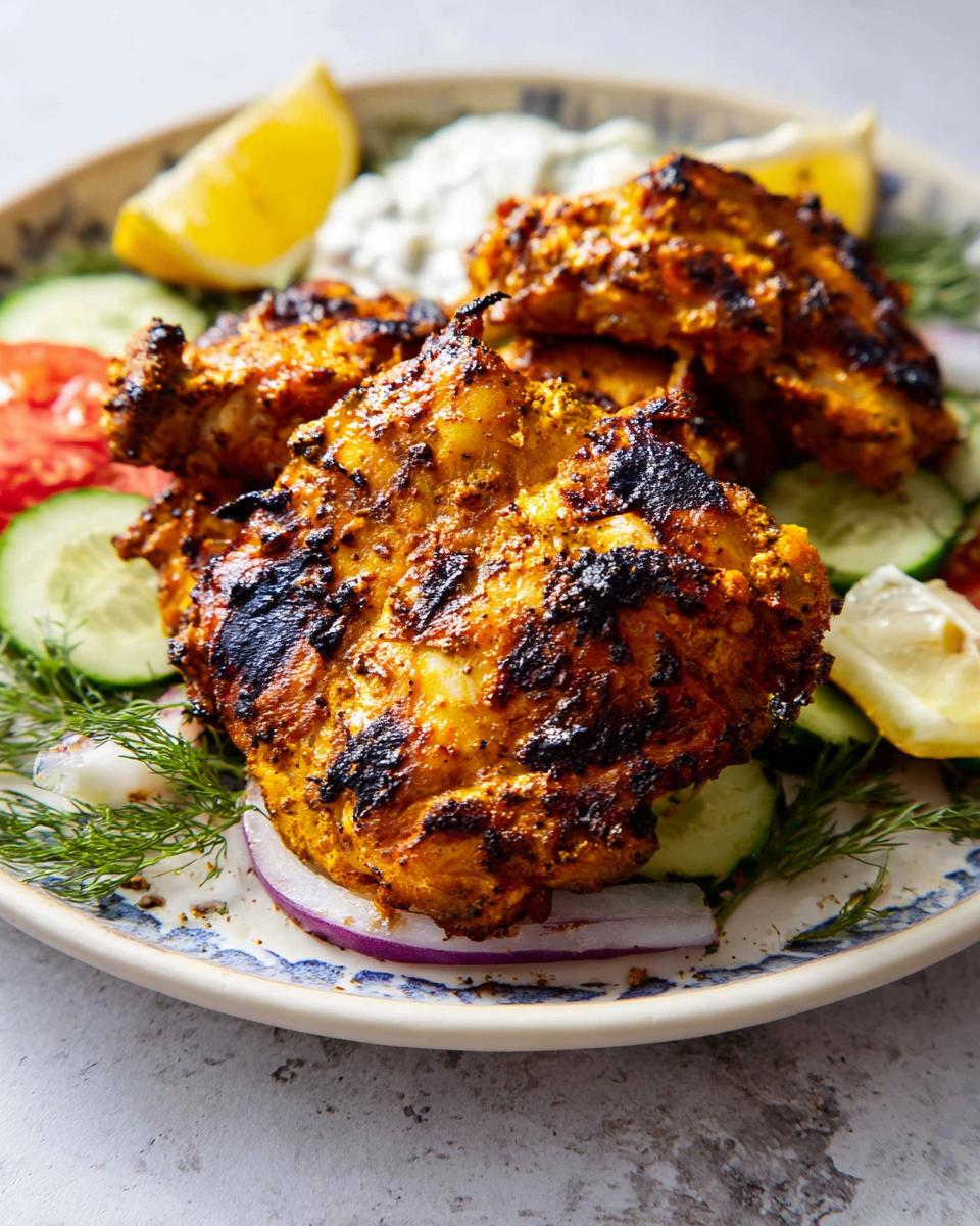 Close-up of grilled Greek Yogurt Marinated Chicken Thighs served over fresh cucumbers and red onion.